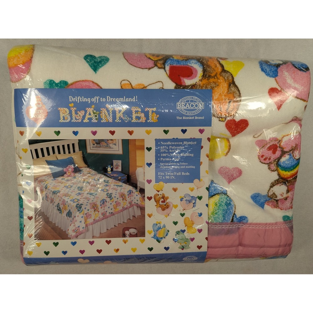 Vintage 1995 Care Bears Blanket Beacon Twin Full Bedding Hearts Balloons 72x90